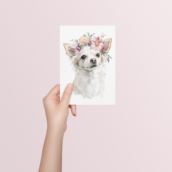 Watercolor White Chihuahua with Flowers Portrait Wall Art Print Poster Unframed - Picture 5 of 6
